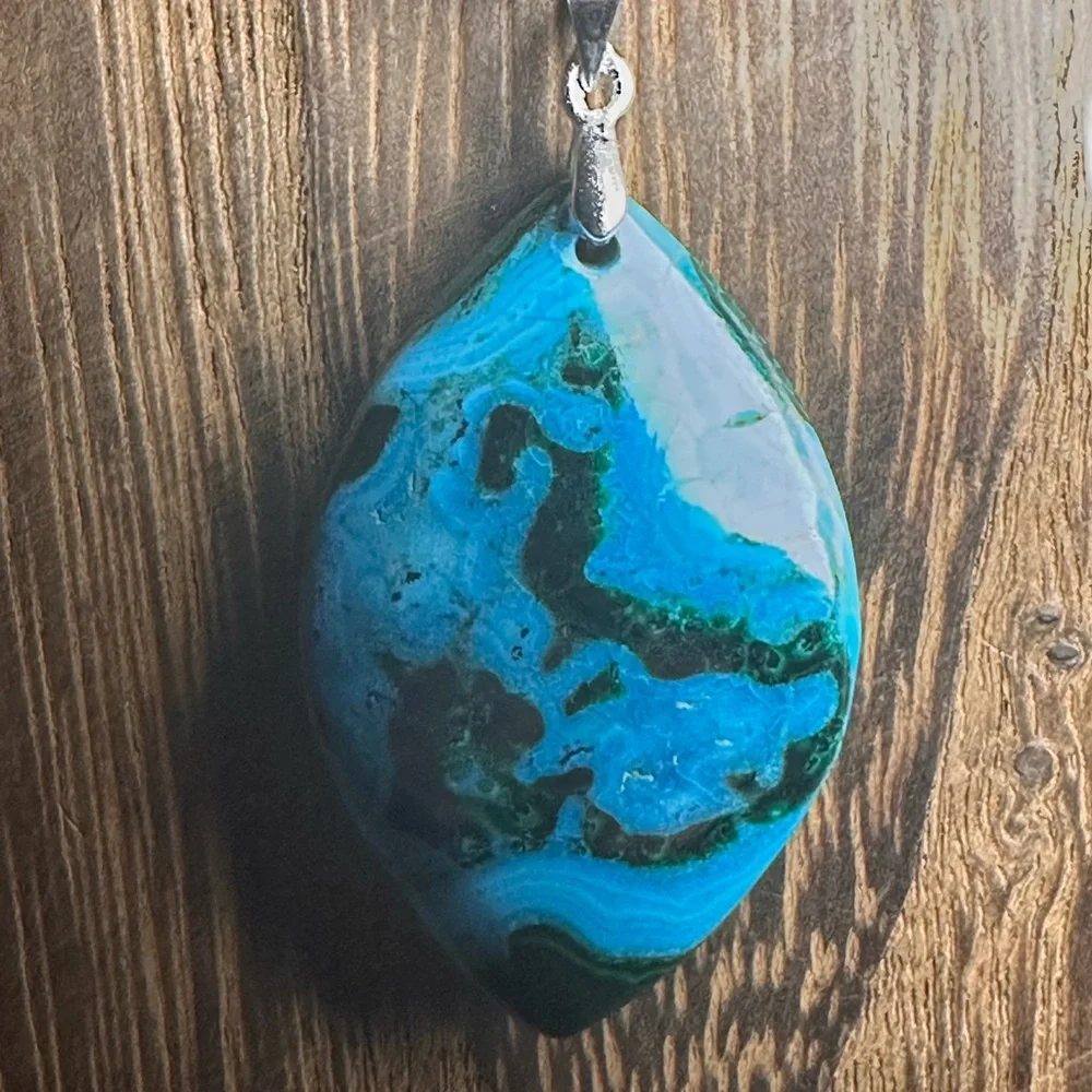 Chrysocolla Teardrop Pendant Necklace on Black Rope - Picture 12 of 14